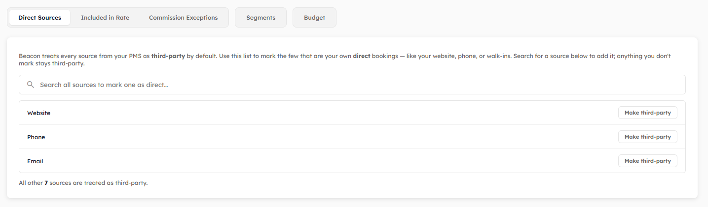 The Direct Sources settings tab, with the search box and the list of sources marked as direct.