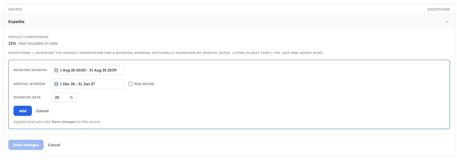 Adding a commission exception, with the Booking window, Arrival window, and Override rate fields.