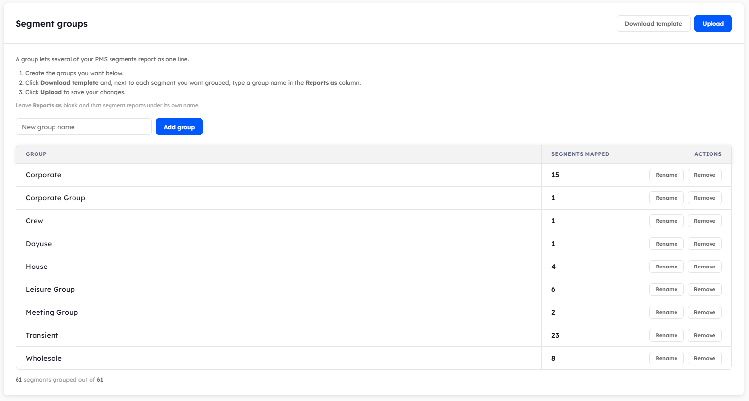The Segment groups settings page, with Download template, Upload, Add group, and the list of groups.